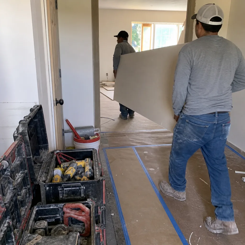 General contractors carrying a drywall panel for a construction project
