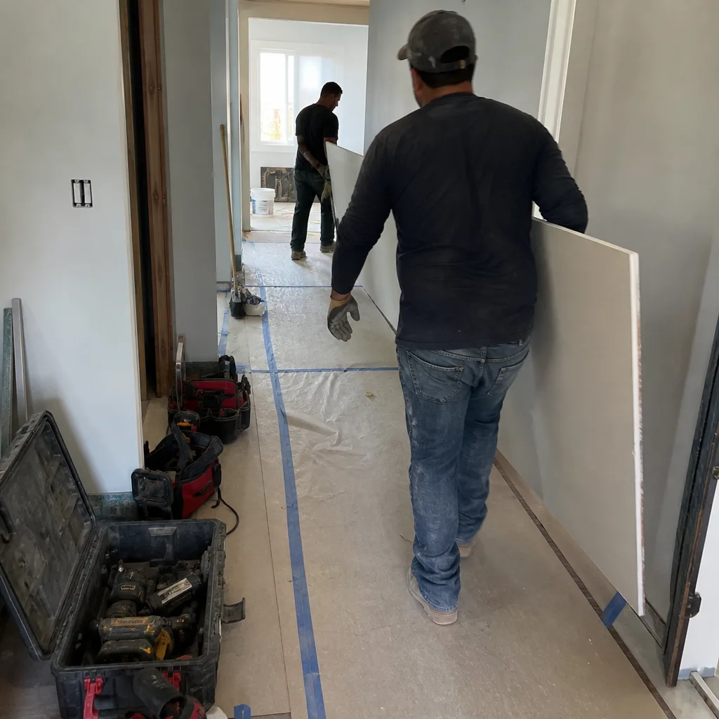 General contractor carrying drywall during residential interior home construction