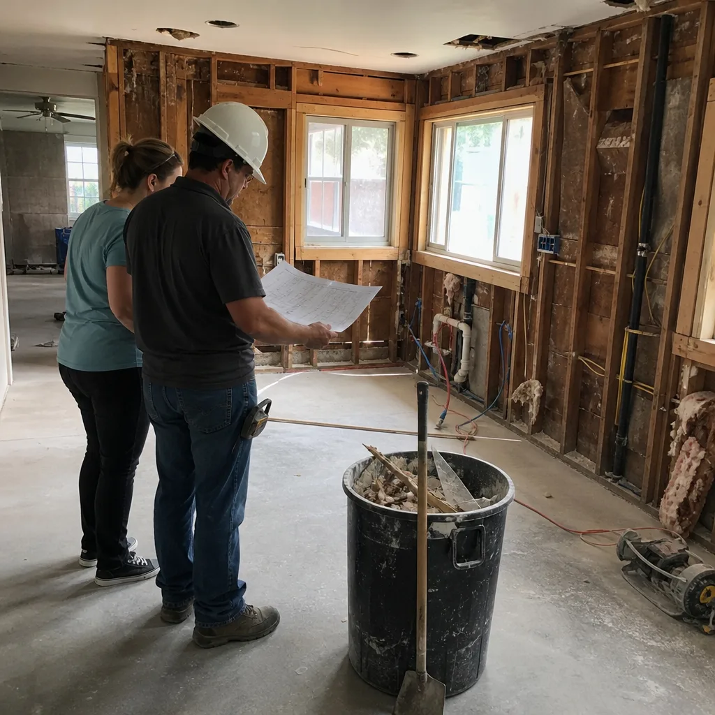 General contractor and client reviewing blueprints inside a home renovation project