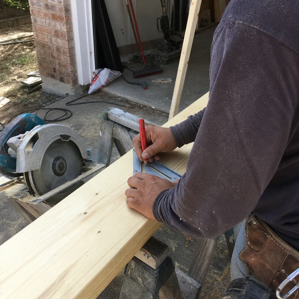 Construction worker marking a wooden board for home renovation