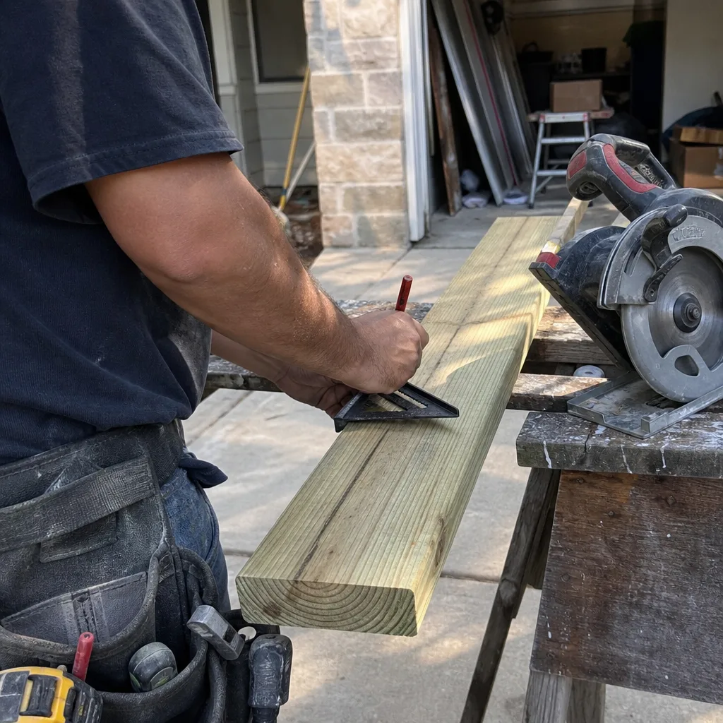 construction worker marking a wooden beam with a square and pencil