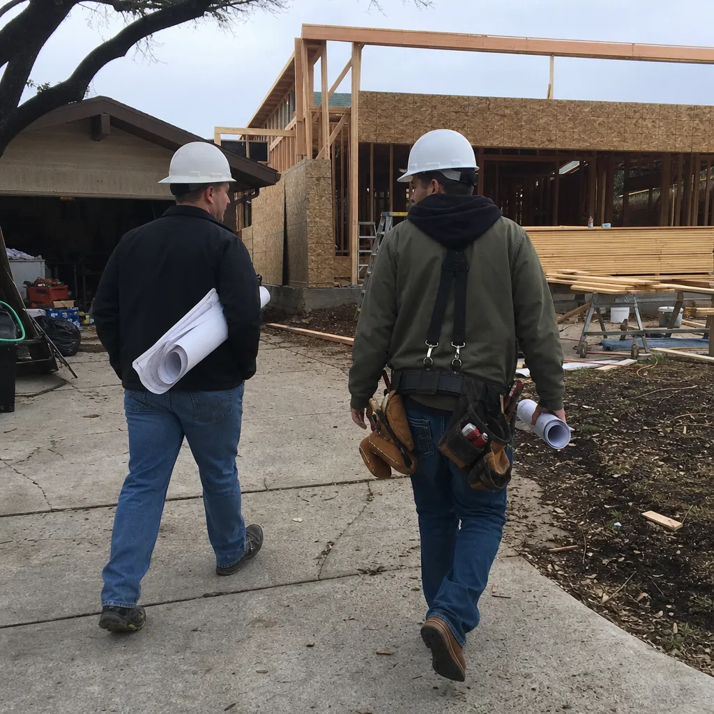 Two construction professionals carrying blueprints at a home renovation project site.