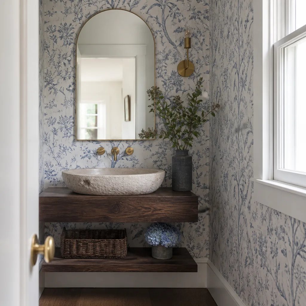 A powder room with botanical wallpaper and a stone sink