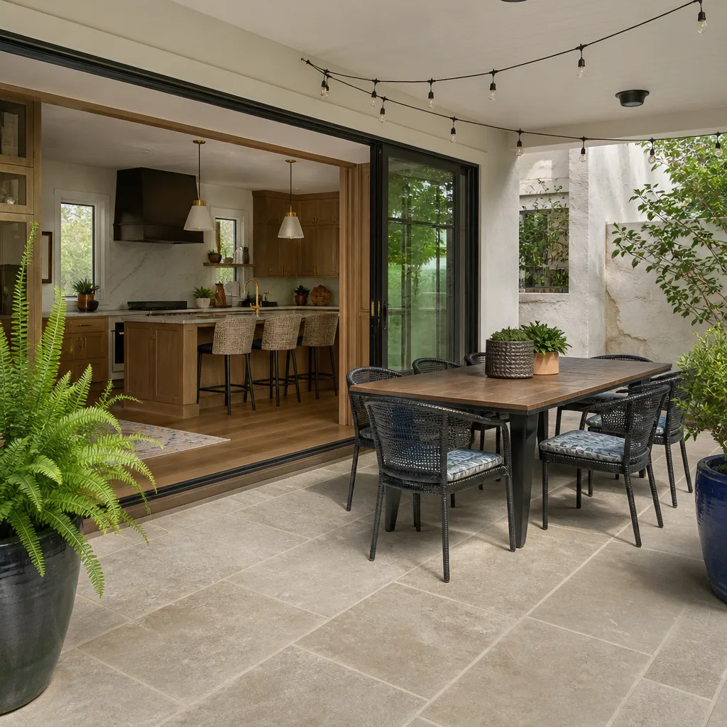 A covered patio opening from a remodeled kitchen