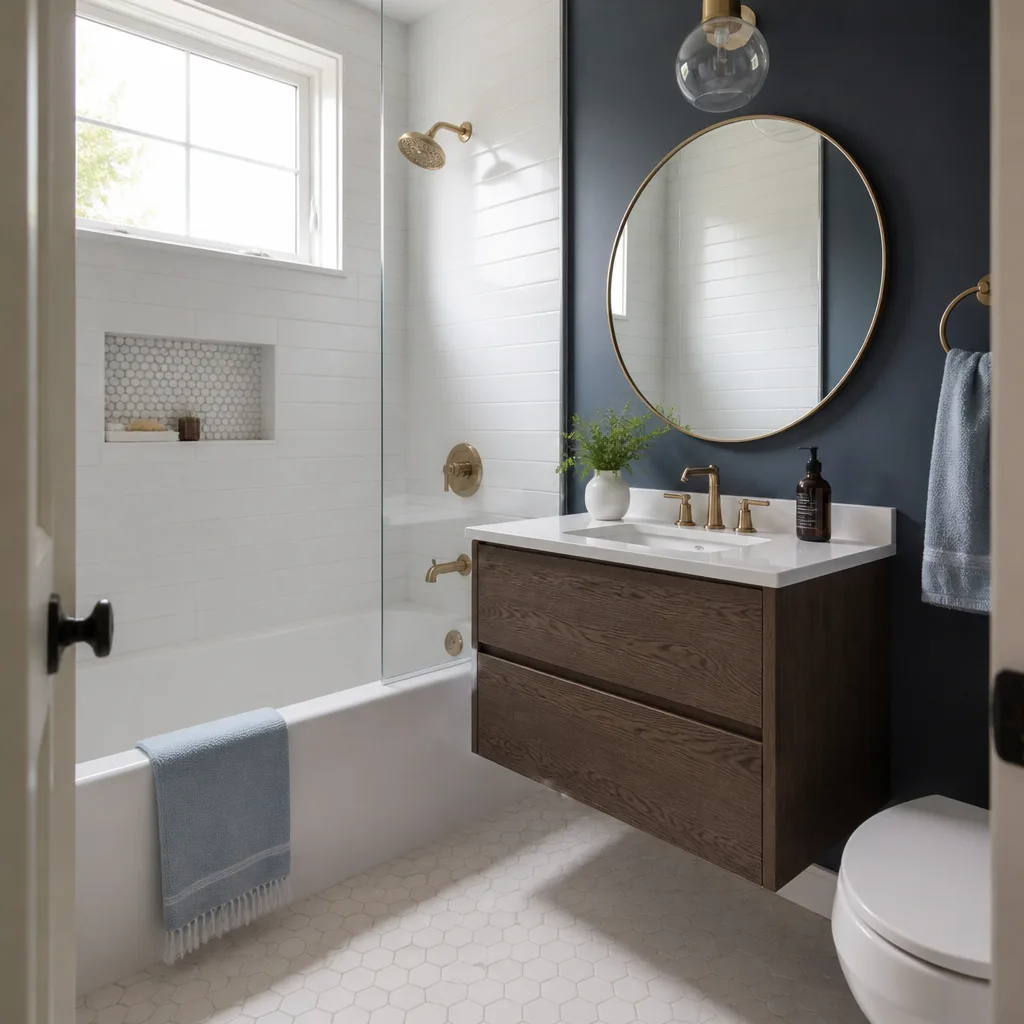 A remodeled hall bathroom with subway tile and a floating vanity